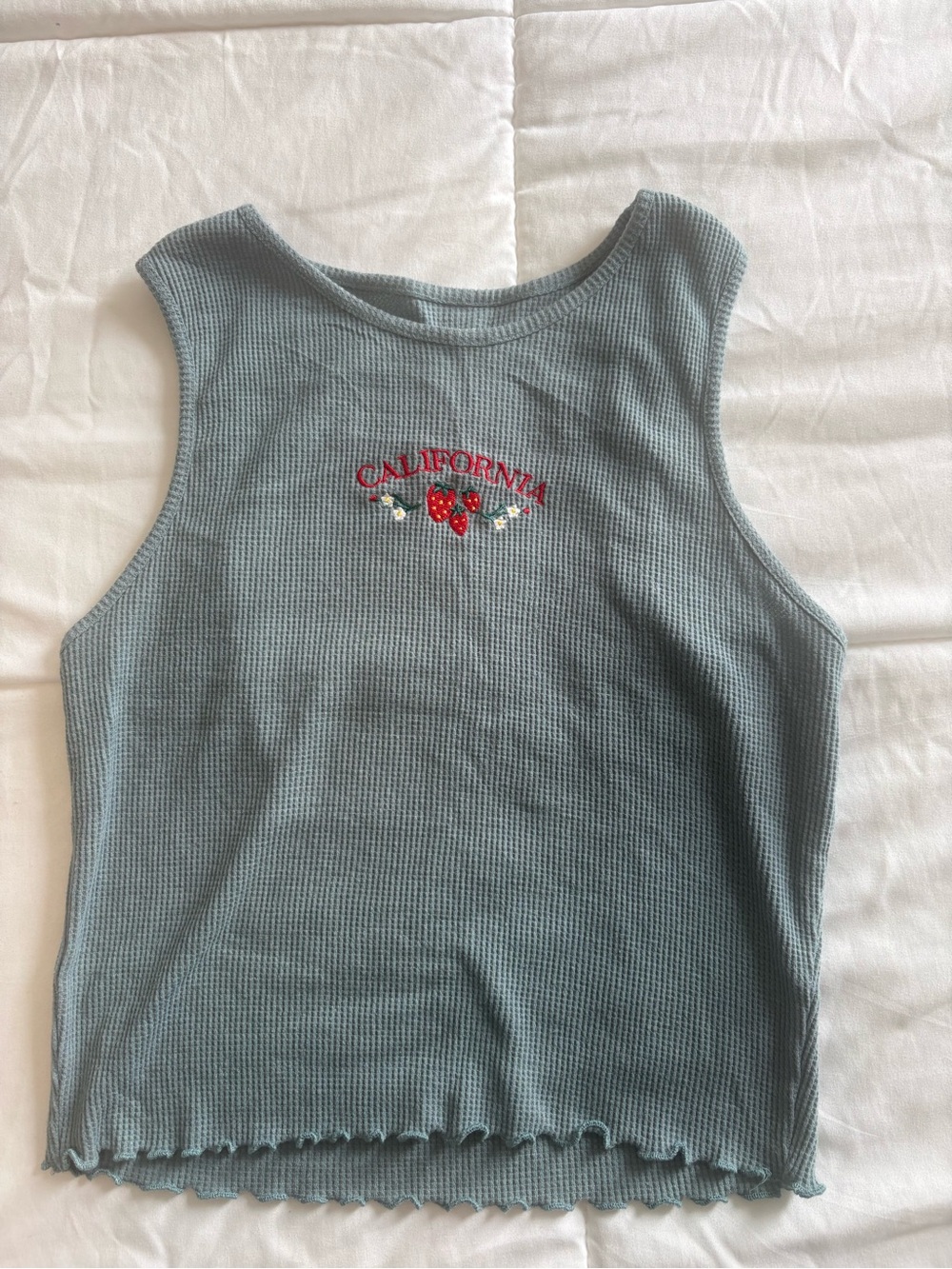 Society Waffle Knit Tank in Dusty Blue with White Print